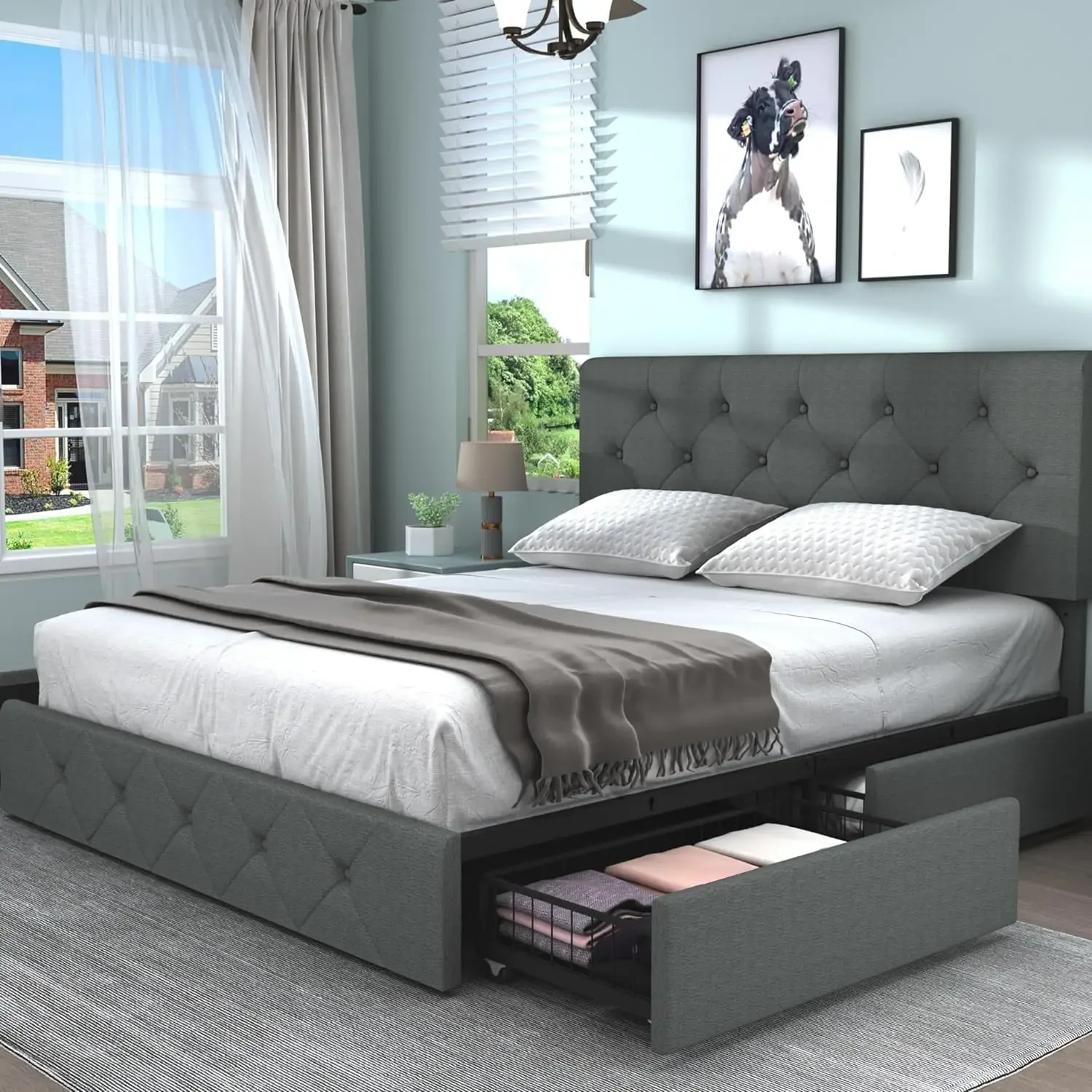 

Queen Size Bed Frame Platform with 4 Storage Drawers Adjustable Tufted Button Leathaire Headboard No Need for a Box Spring