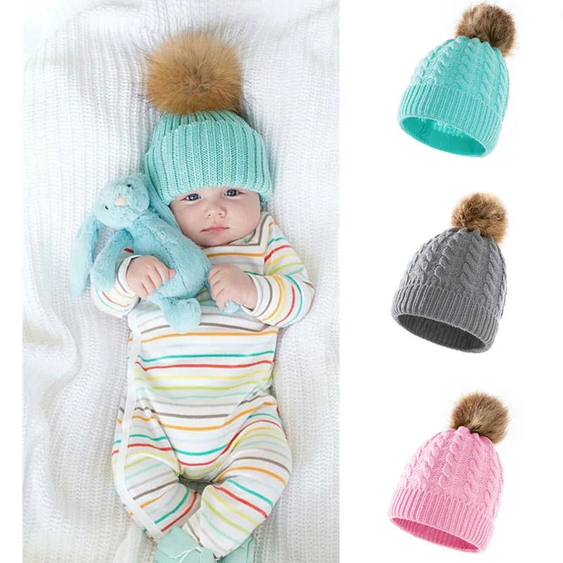 Newborn Baby Hats Kids Girls Boys Winter Warm Knitted Hat Furry Balls Pompom Solid Warm Cute Lovely Beanie Cap Gifts