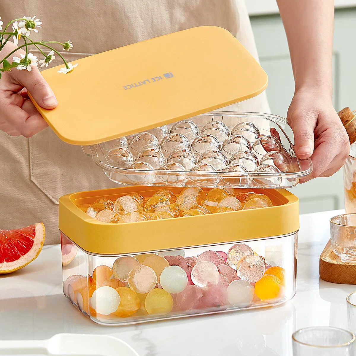 Round Ice Cube Tray With Scoop and Bucket for Freezer, Mini Ice