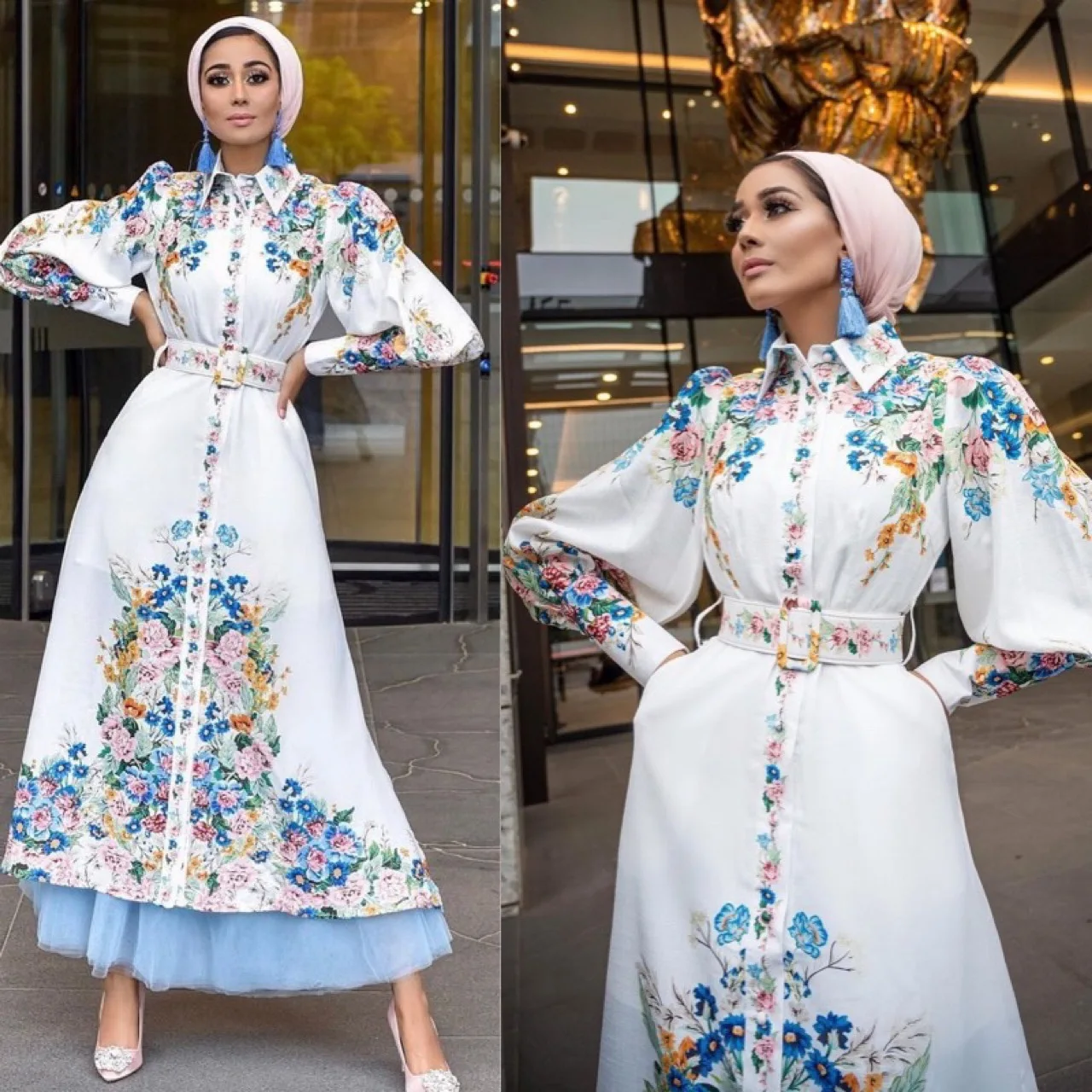 

Arabian Vintage Long Sleeve Dress Women Print Floral Elegant Waist Luxury Dress Puff Sleeve Long Dress High Boho Lines Party