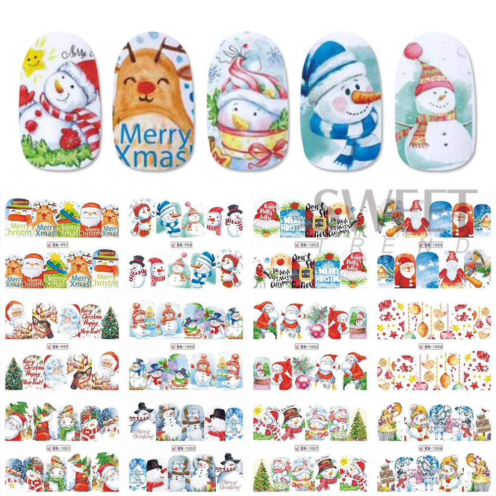 1/2 Sheets Christmas Nail Stickers Water Transfer Decals Holiday Cartoon Design Snowman Snowflake Sliders Manicure Decorations