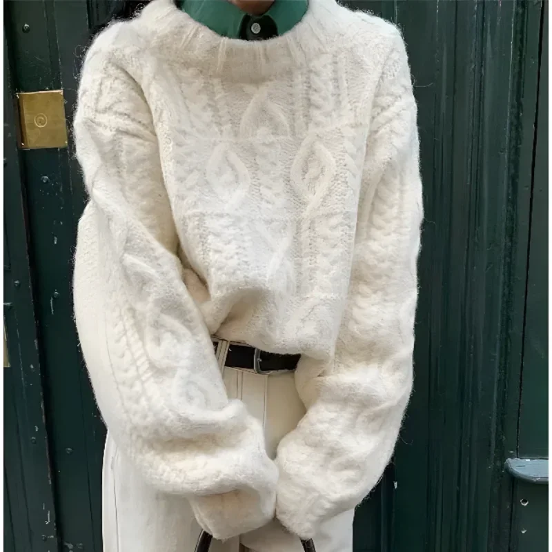 

2023 Autumn Winter Vintage Soft Loose Pullover Knitted Sweater Lazy Round Collar Longsleeve Twist Thick Line Women Warm Sweater