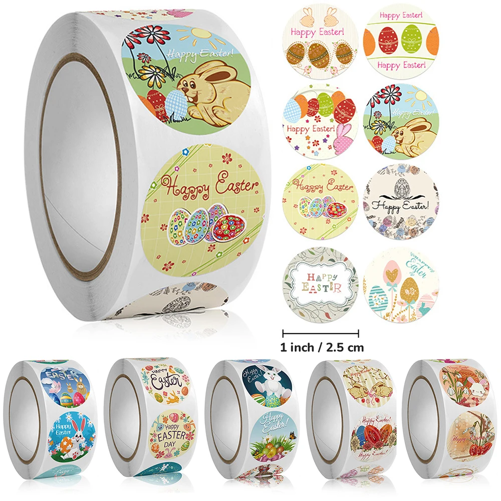 

500Pcs/Roll Easter Bunny Egg Round Stickers DIY Cartoon Decoration Sealing Stickers Stationery