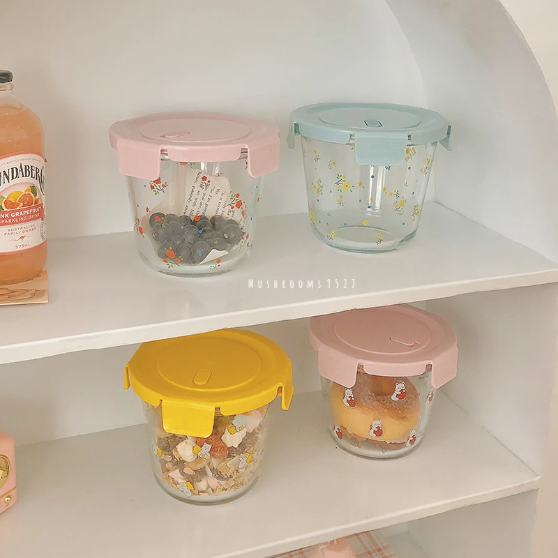 

Mushrooms 9527 Cute Glass Fresh-keeping Lunch Box Microwave Heating Fruit Lunch Box Sealed with Lunch Box with Lid Soup Bowl