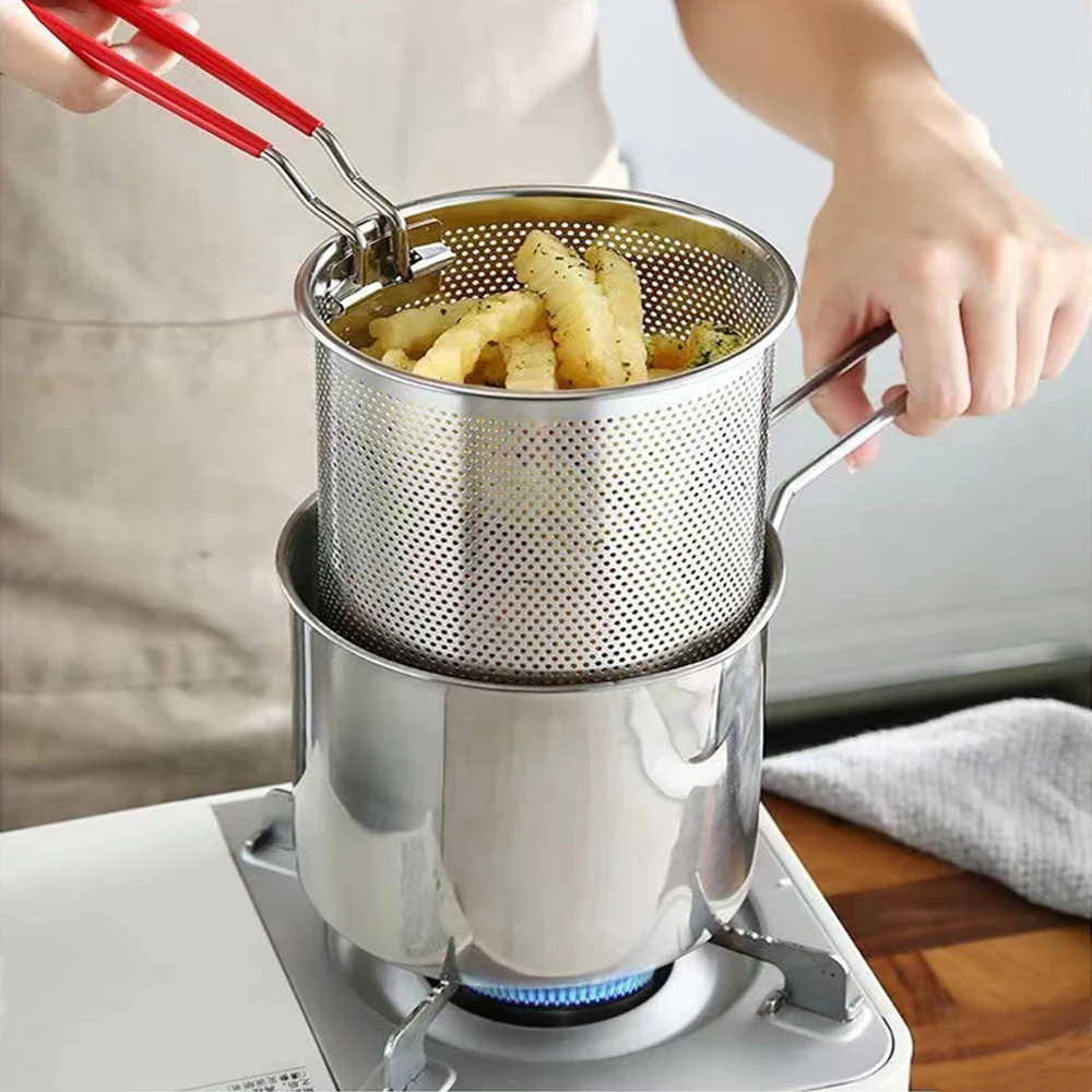 Asparagus Pot, 304 Stainless Steel Oil Fryer Pot with Strainer Basket, 13 cm Pasta Pan Cooking Pot with Hook and Lid, Multifunctional Vegetable Steamer Cooker, Storage Jar for Fries, Pasta, Tempura