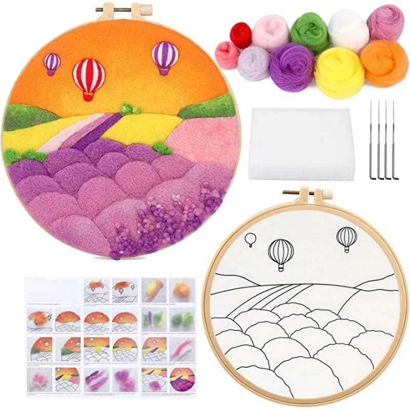 Needle Felting Painting Kit Needle Felting Kit Wool Felting Kit Lavender DIY Wool Felting Painting With Embroidery Frame 20x20cm Balloon Needle Wool Painting Picture For DIY Gift