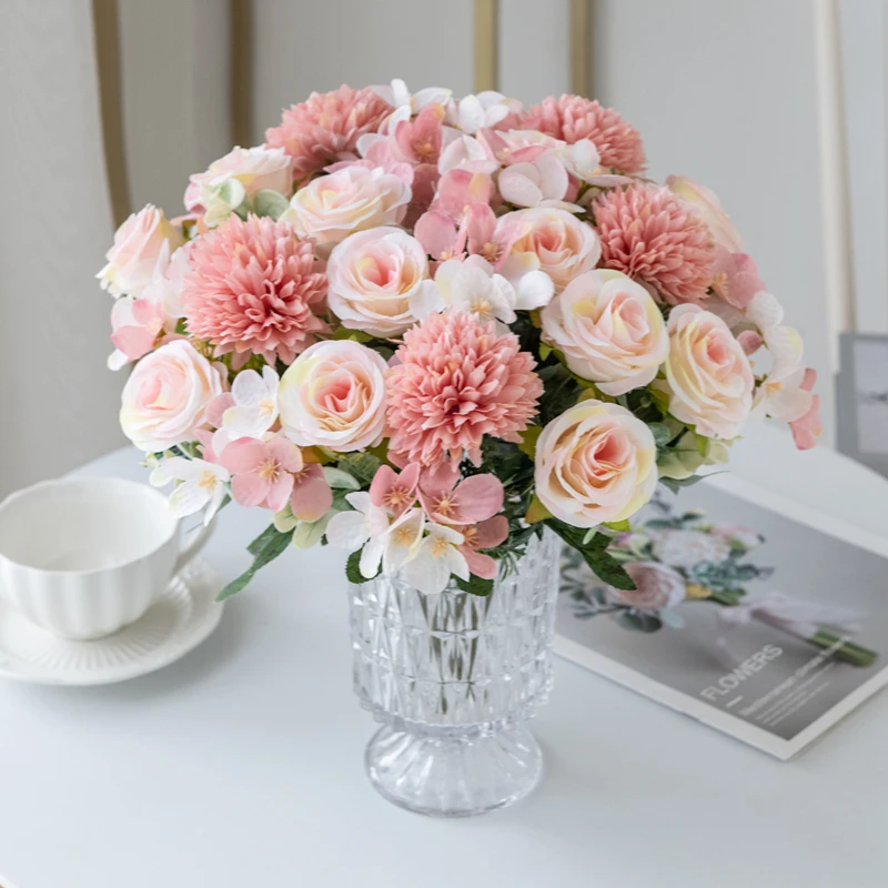 Künstliche Blume Rose Chrysantheme Seide Brautstrauß Hochzeit Outdoor Garten Festival Home Zimmer Vase Tisch Diy Geschenk Auto Dekor – Detail 8