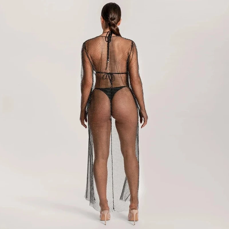 Damen Kristall-Netz Langer Kimono Cover-Up Transparente Fischnetz-Maxikardigan Funkelnde Strass-Strandkleidung – Detail 7
