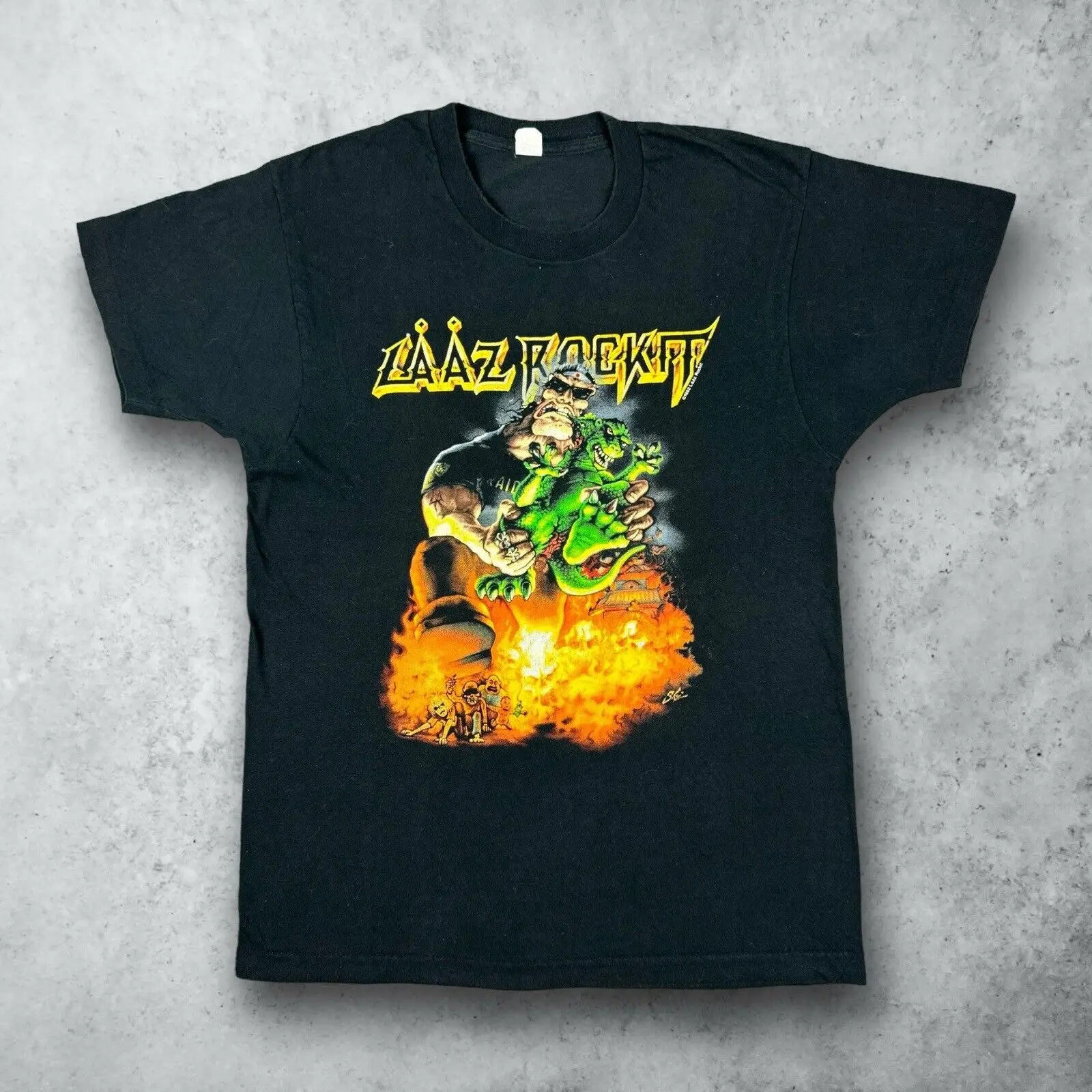 T-Shirt Grafica Vintage Anni '90 Laaz Rockit Metal Band Taglia Nera Xl Usa Maniche Lunghe O Corte