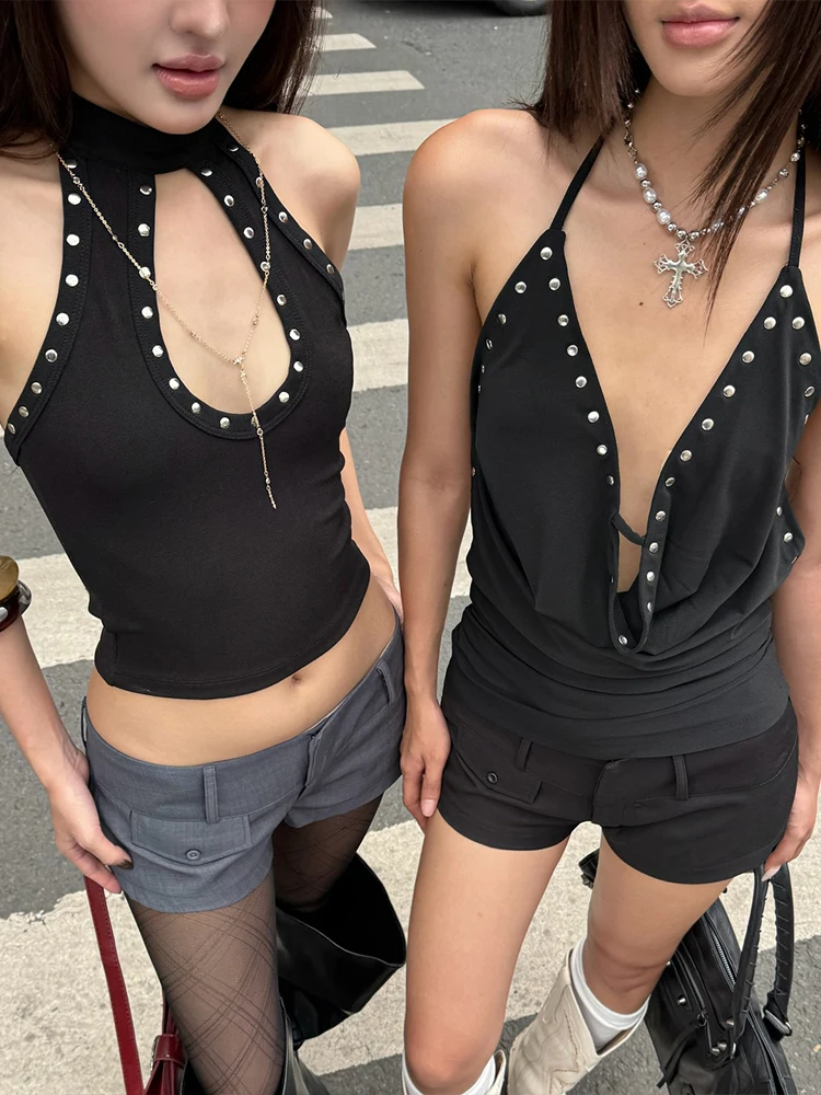 Nibber V-neck Sexy Trend Rivet Swing Collar Tank Tops Women Halter Backless Bandages Stretch Skinny Party Midnight Streetwear