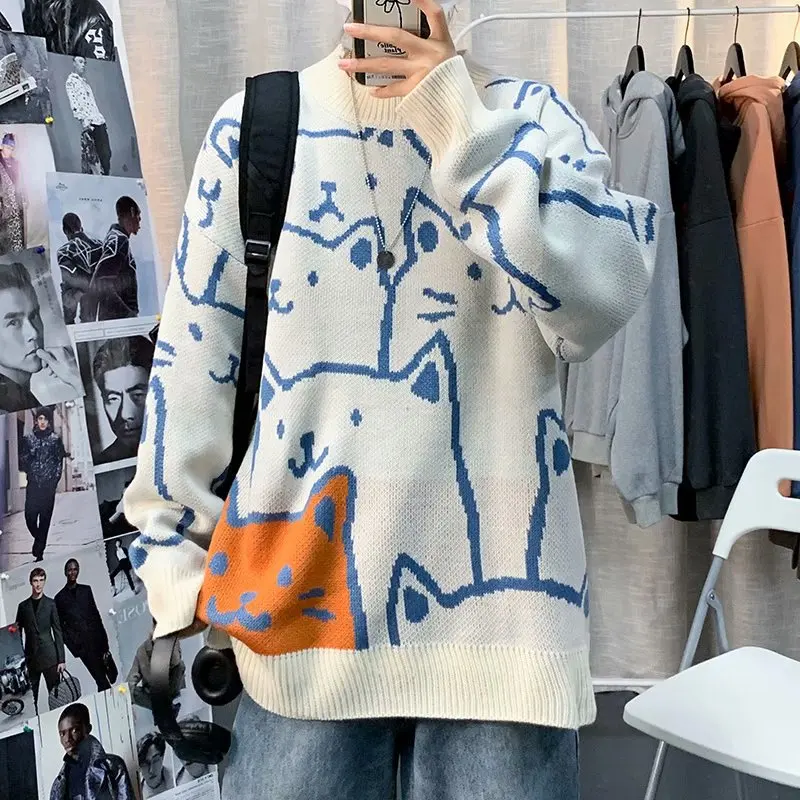 

Men Bear Sweater Winter Patchwor Harajuku Korean Style Pullover Fashion Knitted Sweater Hip Hop Couple Casual Oversized Top