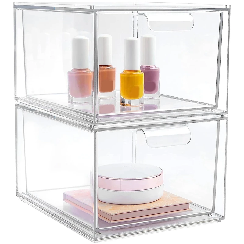 

2 Pack Stackable Makeup Organizer Storage Box Clear Plastic Storage Box Acrylic Bathroom Organizer