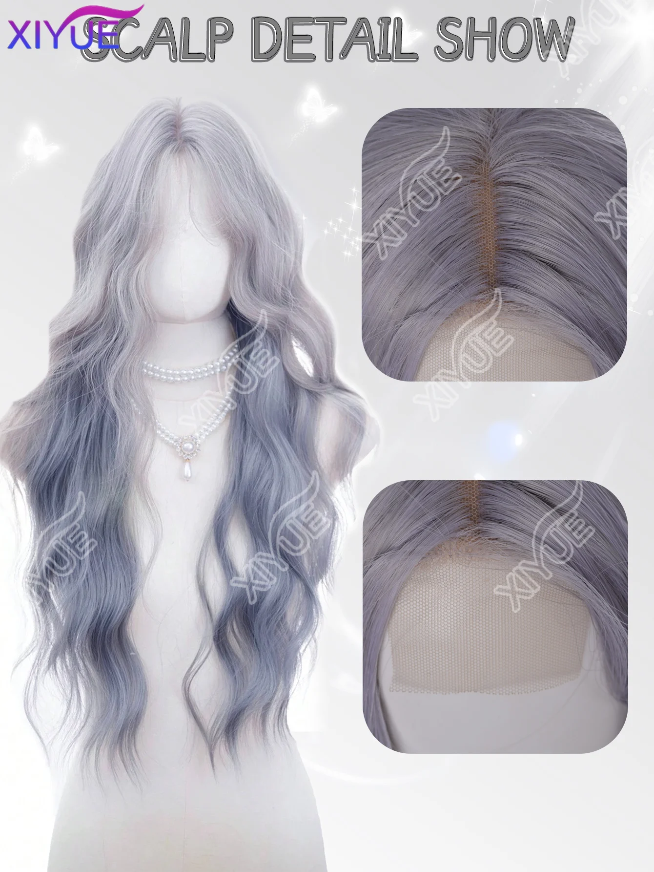 XIYUE Forehead Lace Long Wavy Wigs Hair, Gradient Grayish-Blue 30 Inch Semi Woven Daily Natural, Smooth And Realistic Wig