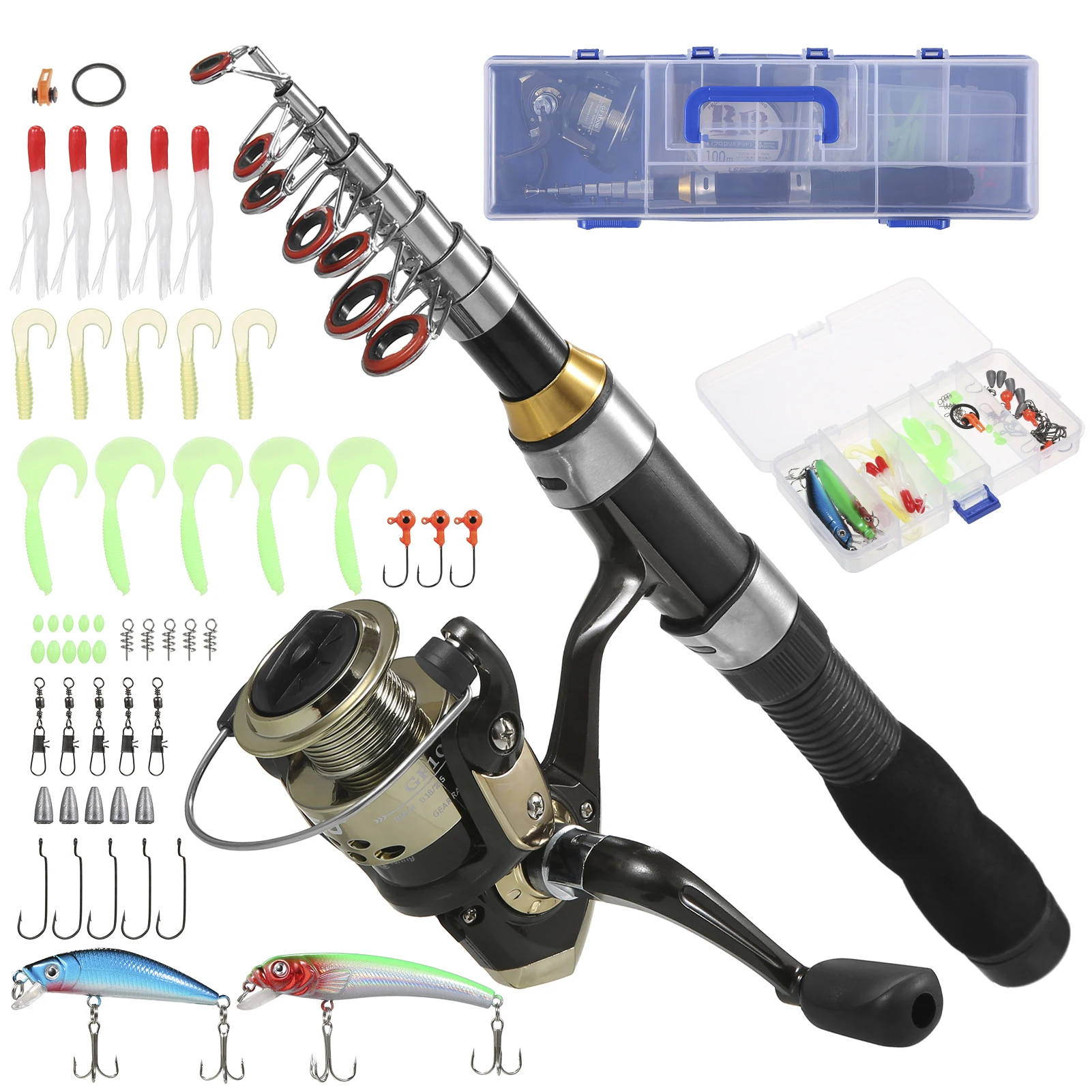 

Telescopic Fishing Rod and Reel Combos Fishing Pole with Spinning Reel Combo Kit Line Lures Hooks Swivels Set with Tackle Box