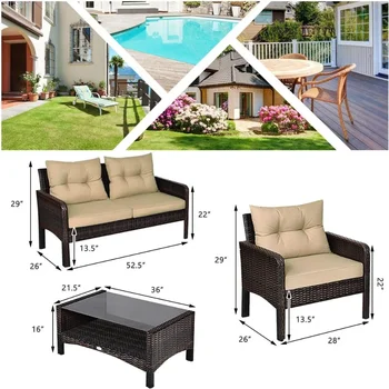 Patio Furniture Set 4-Piece Outdoor Rattan Wicker Sofa Set with Cushions & Coffee Table with Tempered Glass Table Top 6