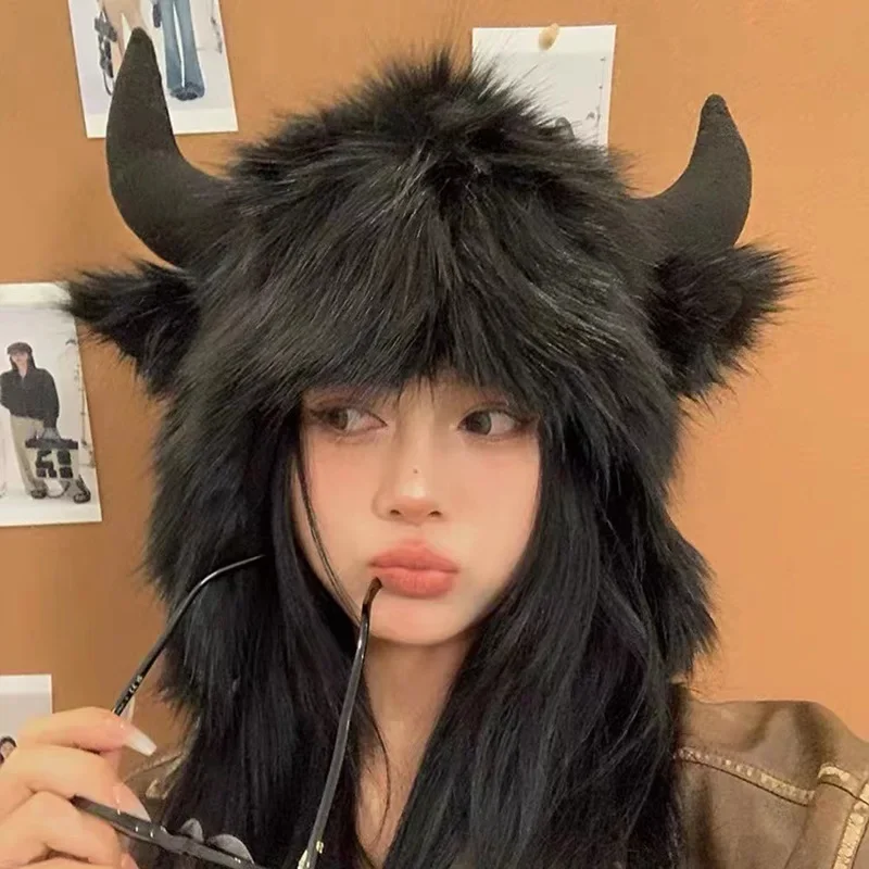 Funny Cow Horn Pullover Hat Winter Thickened Warm Fur Hat Ear Bomber Ear Protection Women Men Cosplay Accessories