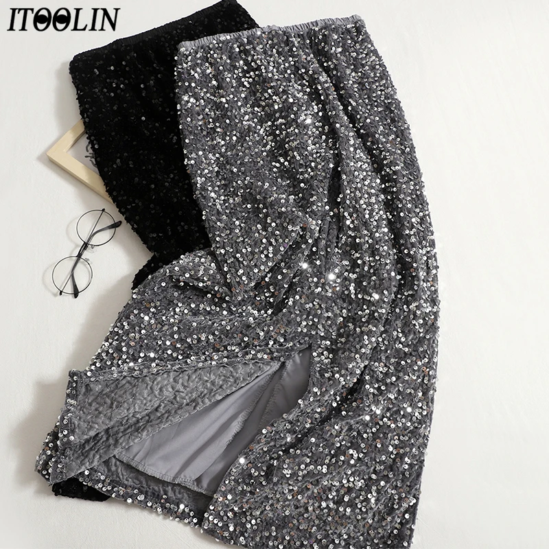

Женские шикарные блестящие Облегающие юбки ITOOLIN, осенняя элегантная офисная трапециевидная юбка с высокой талией, повседневная юбка средней длины для женщин, модель 2023 года