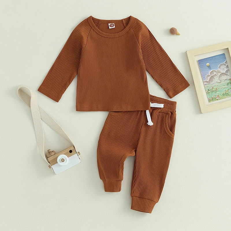 

EWODOS Toddler Baby Boy 2Pcs Fall Outfits Pants Set Long Sleeve Solid Color Tops + Pants Set Toddler Babies Autumn Clothes Set