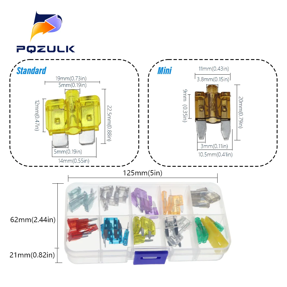 Car Fuses Profile Medium Mini Micro2 Size Blade Type Assortment 5/7.5/10/15/20/25/30/35A with Box Clip