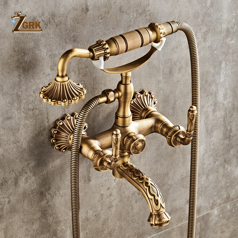 Antique Brass Bathtub Shower Faucets Set Wall Mounted Bath Shower Set Swivel Tub Spout Bath Dual Control Carved Mixer Tap bathroom faucet,bathroom shower faucet set