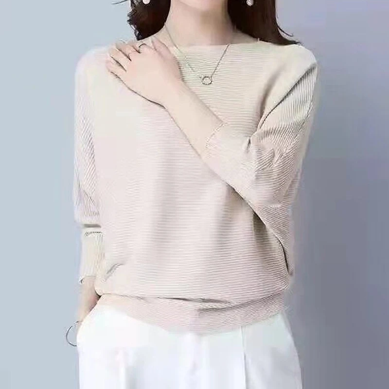 

2023 One Line Neck Jumper Autumn Winter Simple Knitted Pullover Women Sweater Bat Long Sleeve Solid Color Loose Casual Top 29114