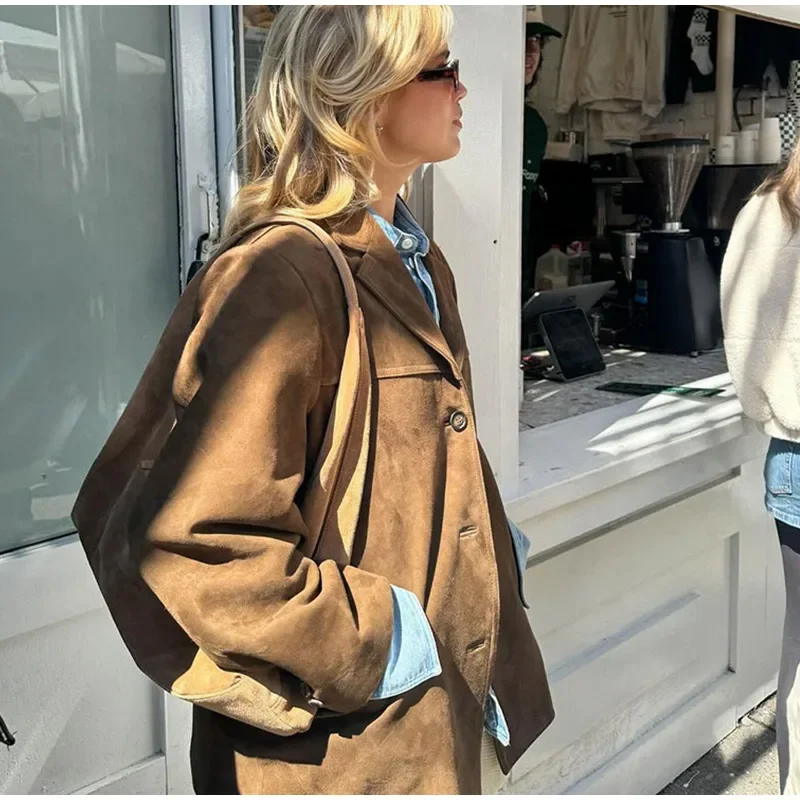 Women Suede Jackets Loose Lapel Single Breasted Long Sleeves Pockets Blazer Coats Female Autumn Fashion New in Outwear