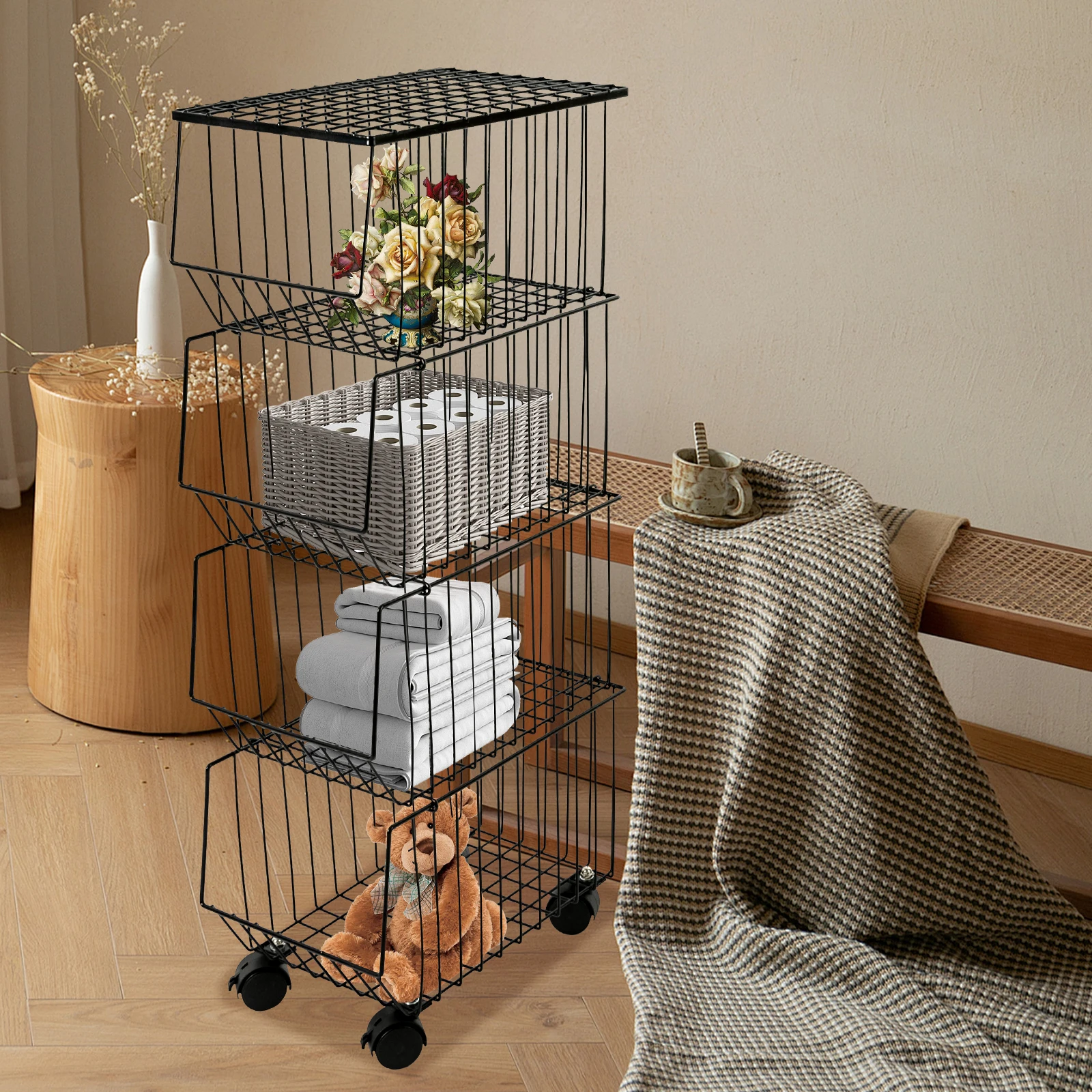 4 Layer Metal Fruit Basket with Wheels Fruit and Vegetable Storage Cart  Stackable Bins Wire Rack Snack Organizer for Kitchen - AliExpress, image size:1600x1600