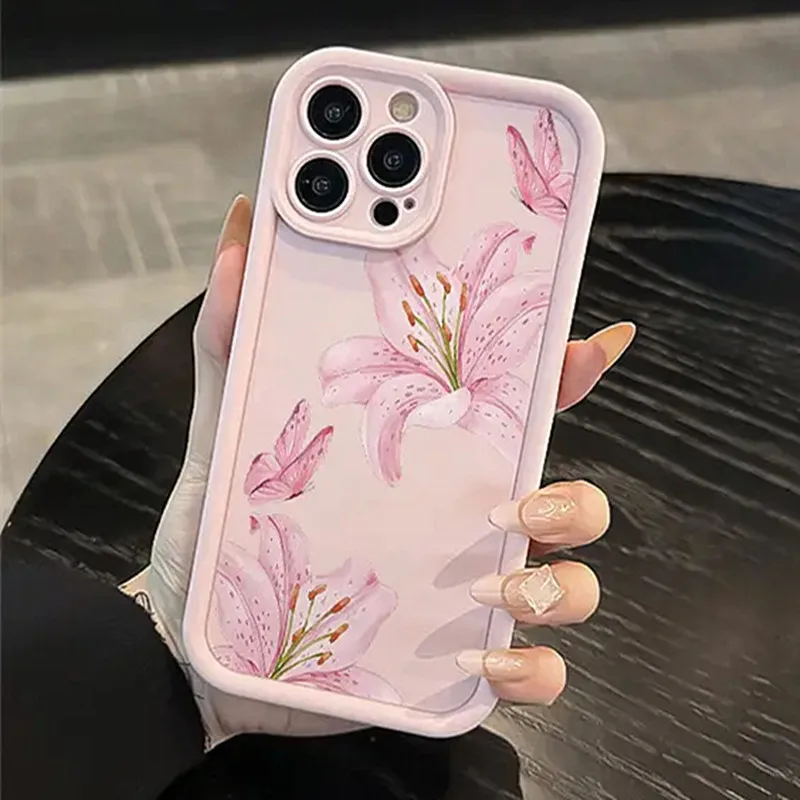 Pink Peach Blossom Pattern Shockproof Silicone Phone Case Cover