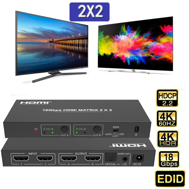 

18Gbps HDMI-compatible Splitter 4K HDMI-compatible matrix switcher with Audio Extractor Game live screen splitter 2 In 2 out HDR