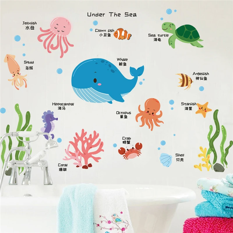 

Cute Fish Turtle Whale Coral Sealifes Wall Stickers For Kids Room Bathroom Decoration Diy Ocean Mural Art Home Decals Pvc Poster