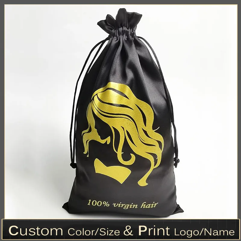 

Custom Logo Pink-Color Virgin Hair Drawstring Packaging Bags Extensions Wigs Bundels Silk Satin Storage Bag 50pcs 20x30cm