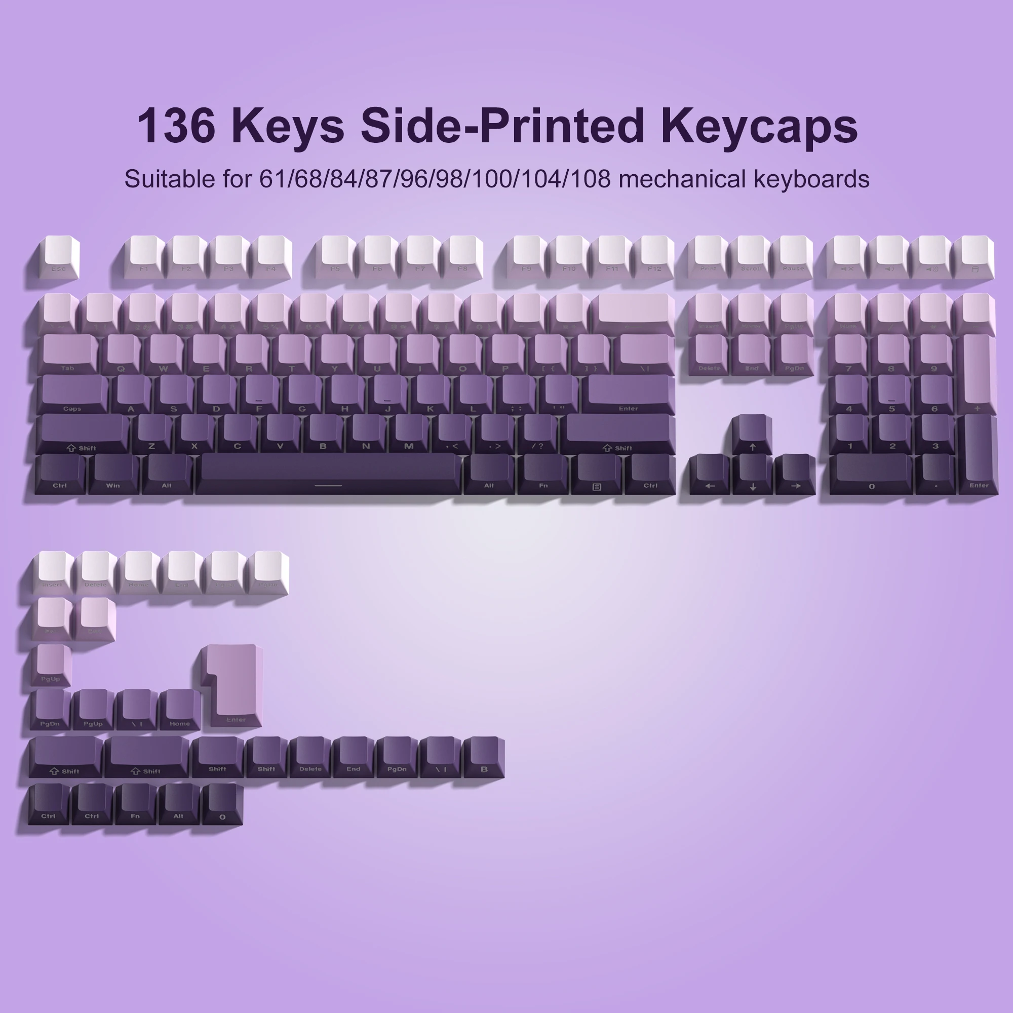 

136 Key Side Print Backlit Gradient Purple PBT keycaps Double Shot Key Cap For 61/104 Cherry MX Switch Game Mechanical Keyboard