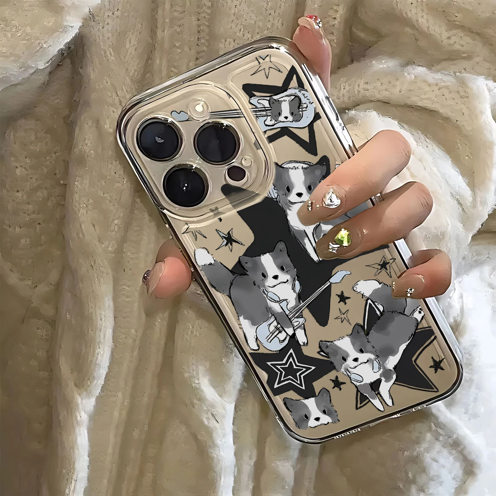 Luxurious Clear Black Guitar Cat Phone Case