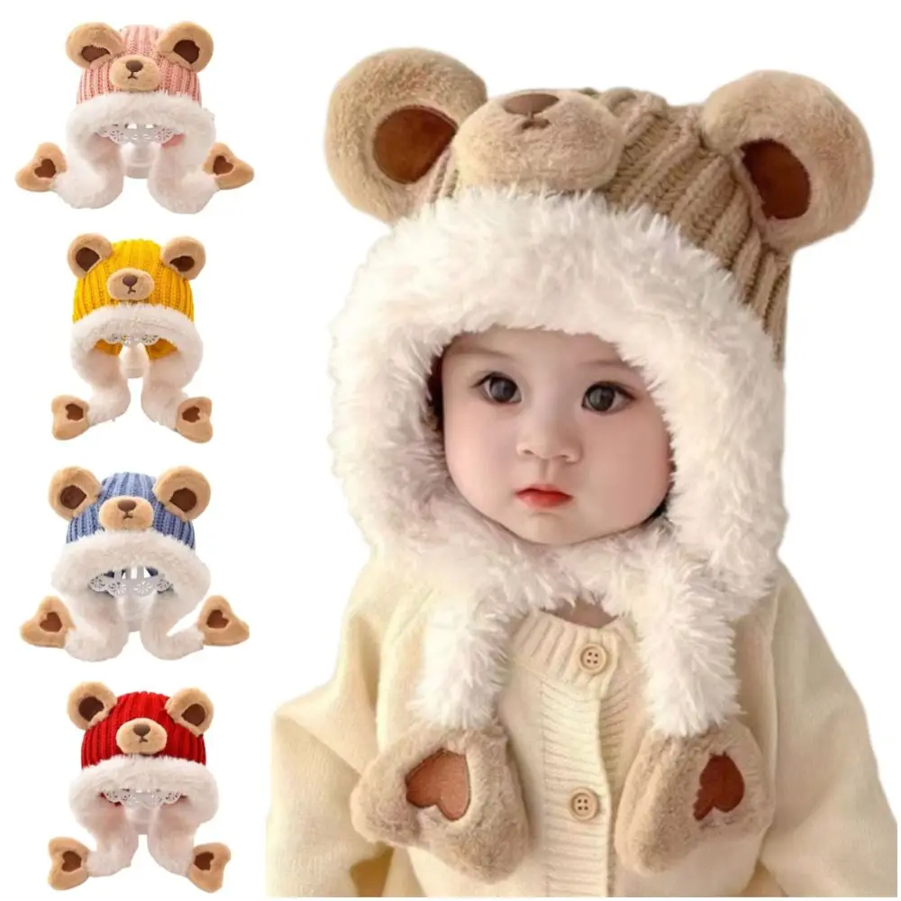Kawaii Cartoon Beanie Caps Thickened Bear Baby Ear Protection Hat Coldproof Keep Warm Children's Pullover Hats