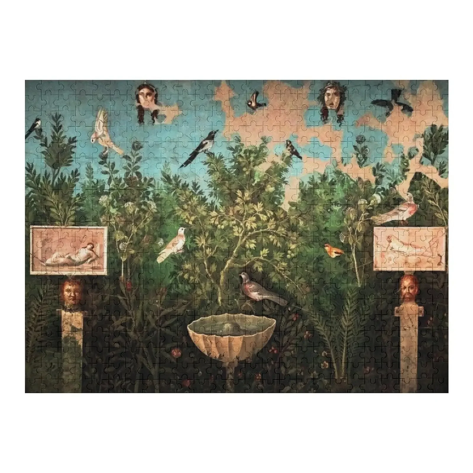 POMPEII COLLECTION / FLYING BIRDS,DOVES,FOUNTAIN IN GARDEN ,BLUE GREEN FLORAL Jigsaw Puzzle Wooden Animal Photo Custom Puzzle houses and monuments of pompeii