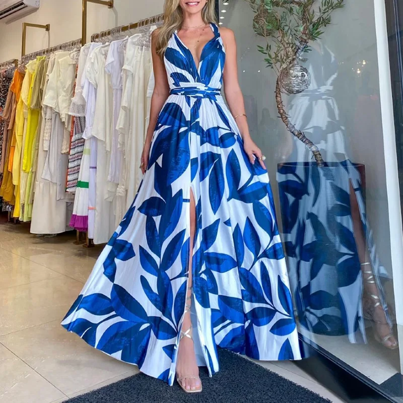 

2022 Female Summer Dresses New Products Clear and Sweet Striped Halterneck High Waist Slit Mid-Length Dress Backless Dress