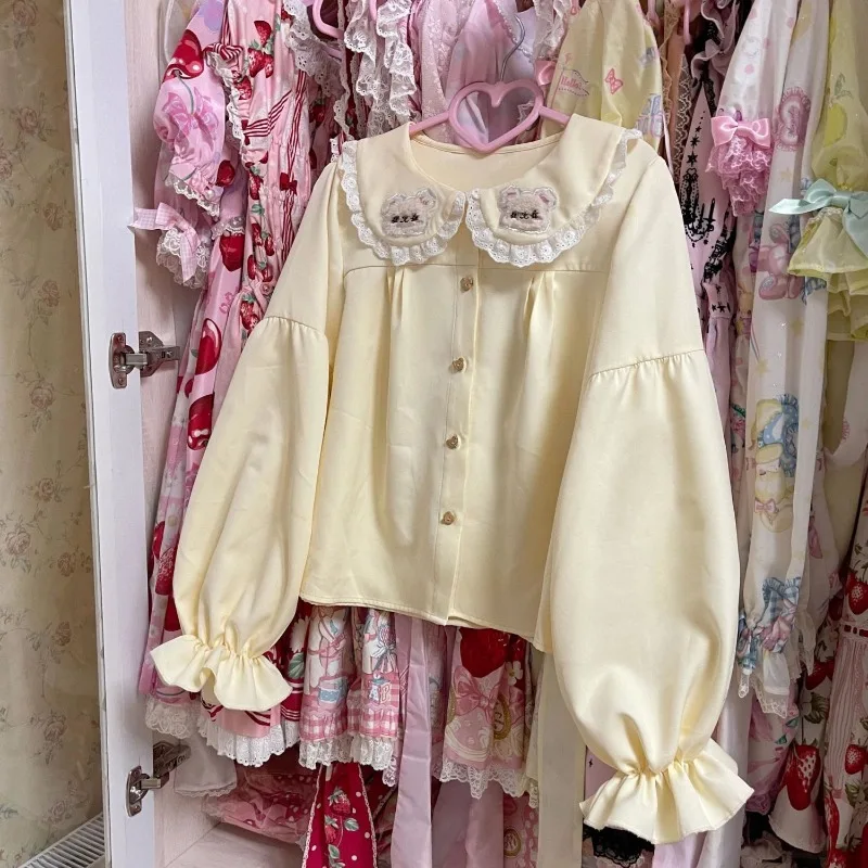 2024 Summer Japanese Lolita Patchwork Doll Neck Button Fashion Solid Color Floral Ruffles Elegant Casual Long Sleeved Shirts
