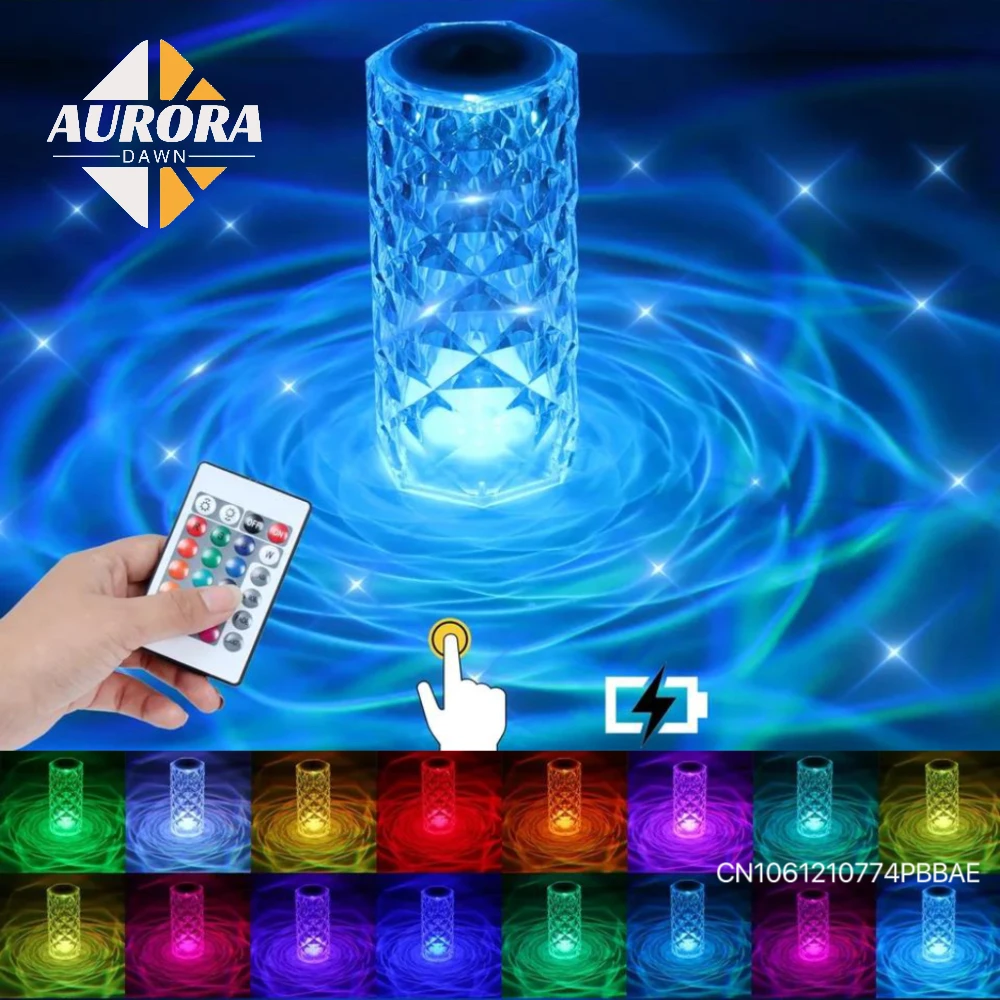 

16 Colors LED Crystal Table Lamp Rose Projector Touch Romantic Diamond Atmosphere RGB Rechargeable Night Light For Bedroom Gift