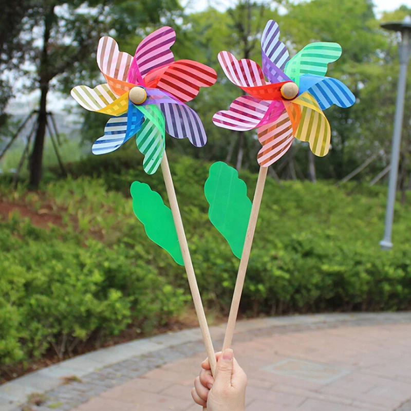18cm Wood Handheld Plastic Windmill Dot Striped Colorful Wooden Pole Windmill Garden Yard Party Ornament Outdoor Kids Toys