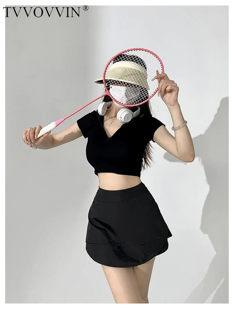 

TVVOVVIN 2023 Spring New Women's Casual Simple basics fake two pieces Urban Fashion Wrap buttocks Solid Color Short Skirt H9B2