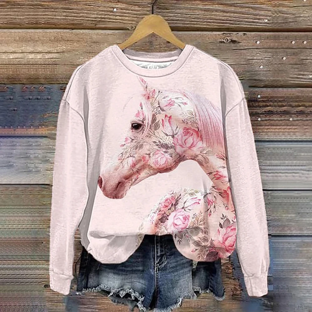 3d Horse Printing Women Hoodie Autumn Pullover O-Neck Vintage Sweatshirts Women Fashion Casual Female Loose Clothes