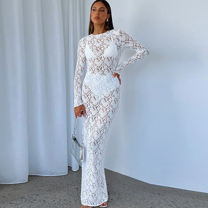 Lace See-Through Printed Long Dress Female Hollow Out Slim High Waist Solid Dress Sexy Club Clothes Ladies Maxi Dress 2025