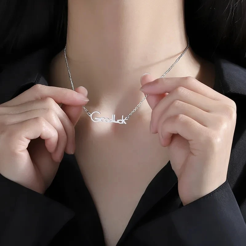 925 Sterling Silver Goodluck Lucky Letter Pendant Necklace for Women Clavicle Chain Party Cute Jewelry Accessories Gifts