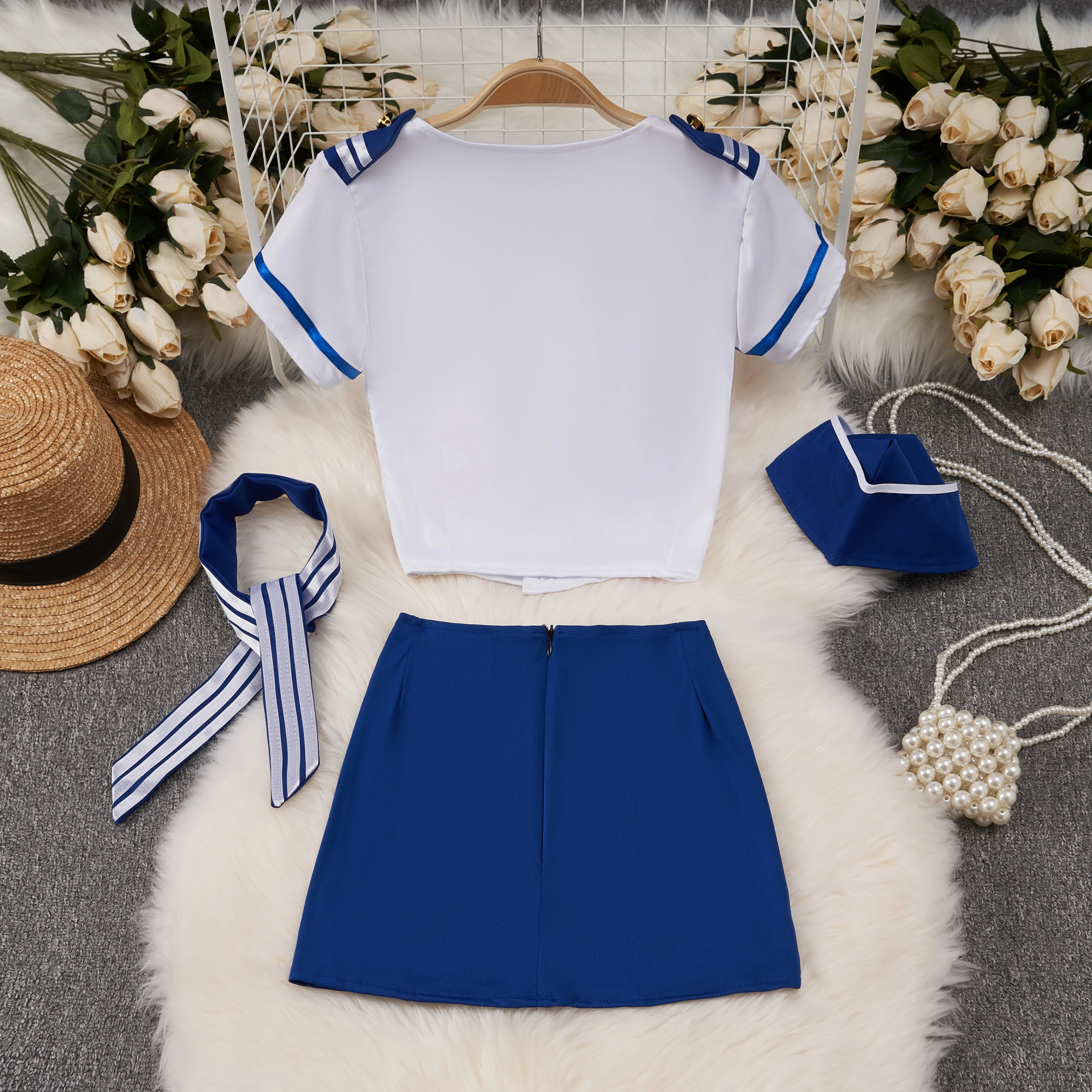 여성 섹시한 선원 장교 비행 유니폼 롤 플레잉 짧은 정장 4 조각 v 넥 티셔츠 CropTop 블루 힙합 랩 스커트 이국적인