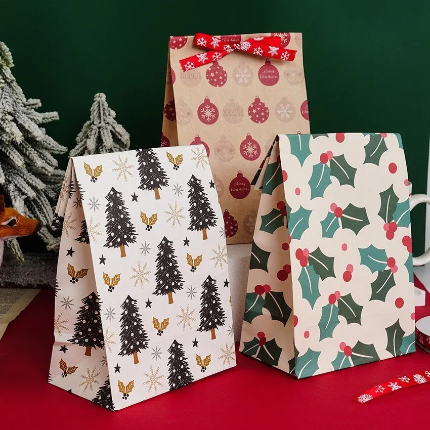 8pcs/12pcs Kraft Paper Candy Cookie Bag Santa Claus Snowman Christmas Gift Packing Bags Party Decor Supplies