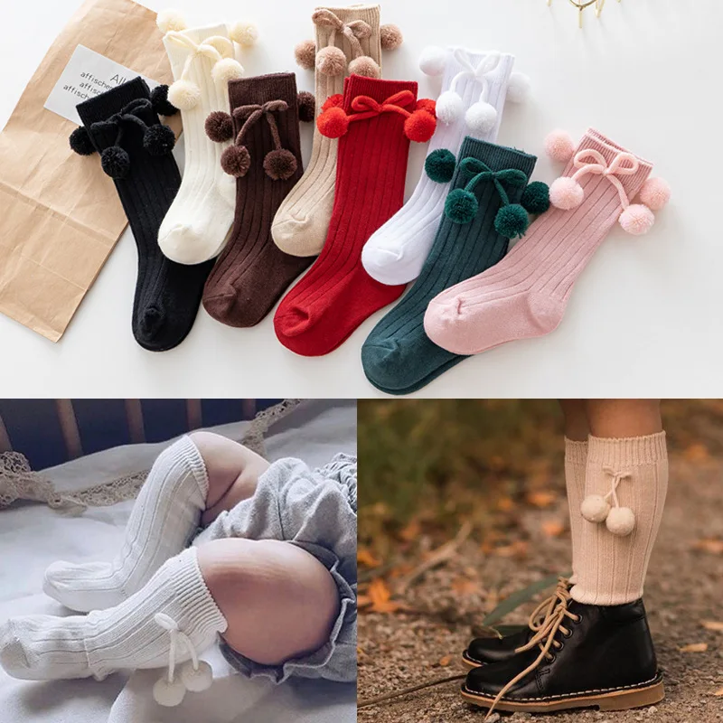 

Baby Girls Cherry Ball Knee High Socks Toddler Tube British Style Princess Socks For Newborn Knitted Sock Leg Warmer 0-4 Years