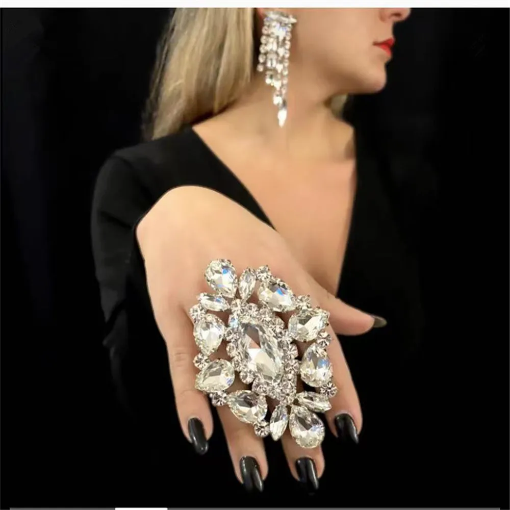 

INS Big Size Ring Rhinestone Water Drop Finger Rings Wedding Jewelry for Women Crystal Large Adjustable Open Rings Accessories