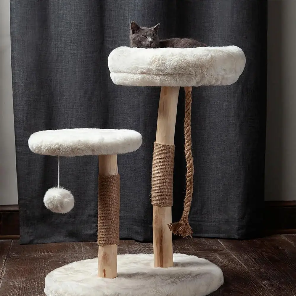Luxury Cat Tree Condo Indoor Cat Tower with Faux Fur Bed Scratching Posts Natural Wood Platform Play House Interactive