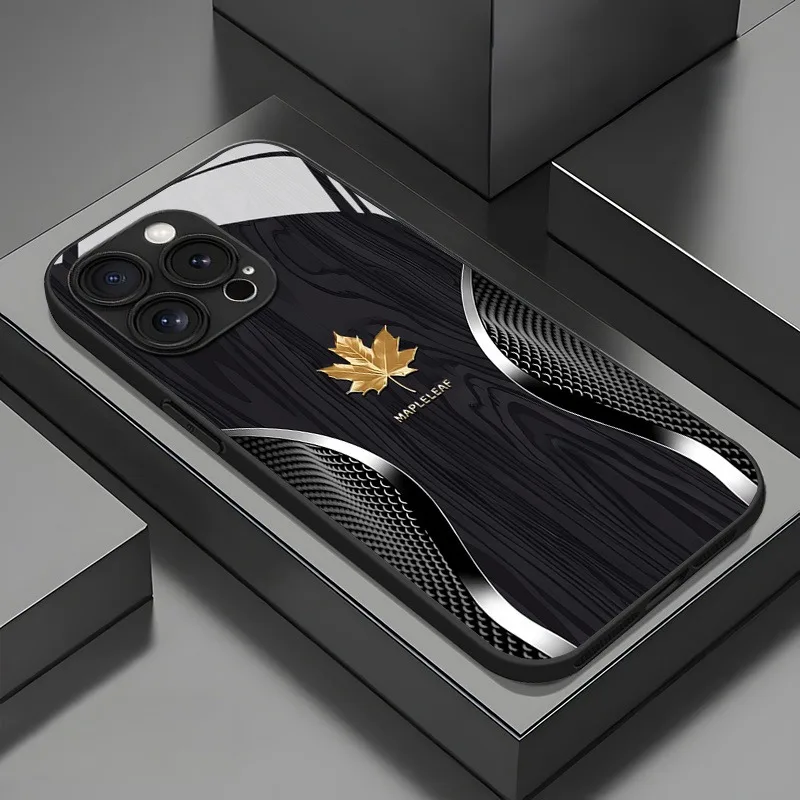 Luxury Maple Leaf Wood Grain Curve Phone Case with Glass Finish