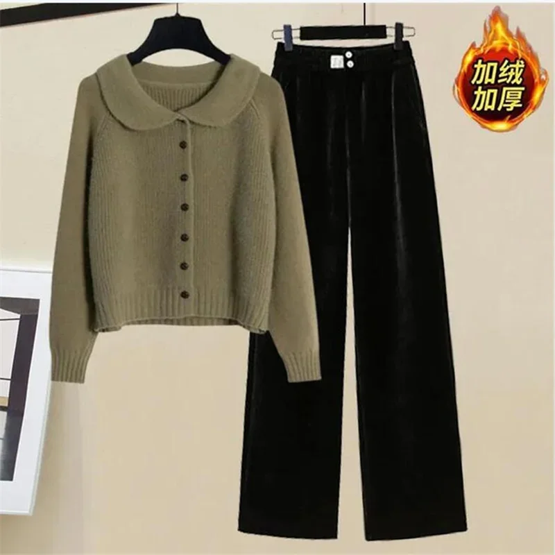 Plus Size Autumn Pant Sets Women Korean Fashion Green Knitted Cardigan+Elastic Waist Thicken Wide Leg Pants Two Piece Set